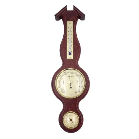 Stație meteo Fischer 6690-22, barometru, higrometru și termometru, alamă și lemn mahon, 39 x 11,5 cm