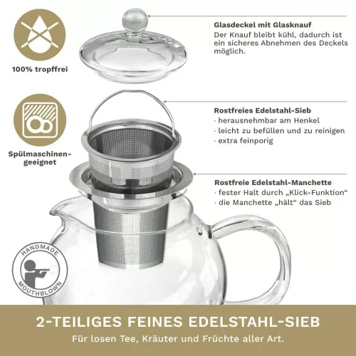Ceainic din sticla Creano All-in-One, 1,3 L, cu infuzor din inox si capac, anti-picurare
