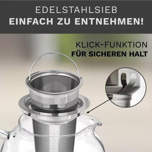 Ceainic din sticla Creano All-in-One, 1,7 L, cu infuzor din inox si capac, anti-picurare