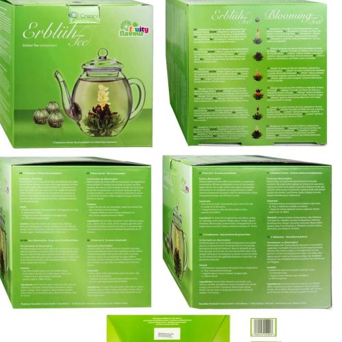 Set cadou ceai infloritor Creano cu ceainic sticla 500 ml, 6 sortimente ceai verde fructat