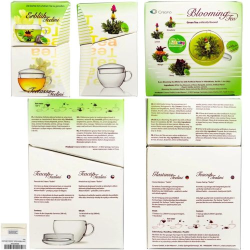 Set cadou ceai infloritor Creano Teelini, cana sticla 200 ml cu capac, 8 plicuri ceai verde