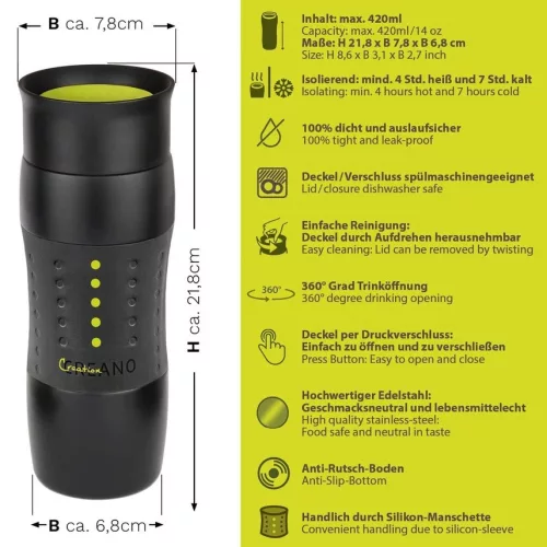 Cana termos Creano Design Travel Mug, 420 ml, inox, etansa, deschidere 360, verde