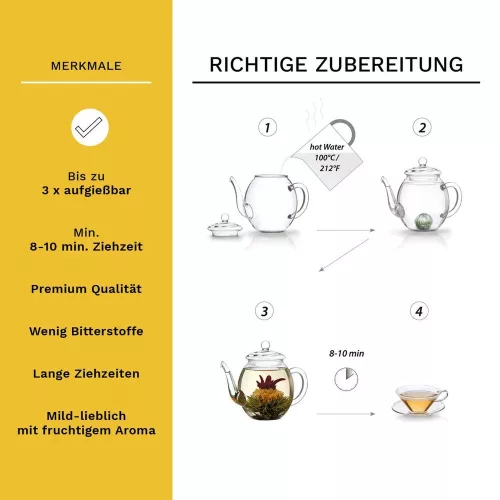 Ceainic din sticla Creano, 1,3 L, cu infuzor din inox, capac si 2 flori de ceai