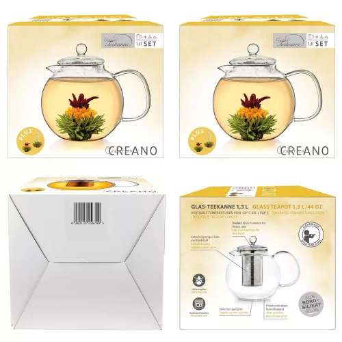 Ceainic din sticla Creano, 1,3 L, cu infuzor din inox, capac si 2 flori de ceai
