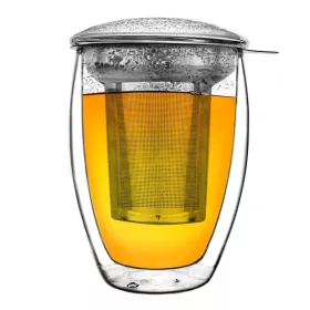   Pahar termic pentru ceai Creano, 400 ml, perete dublu, cu infuzor din inox si capac