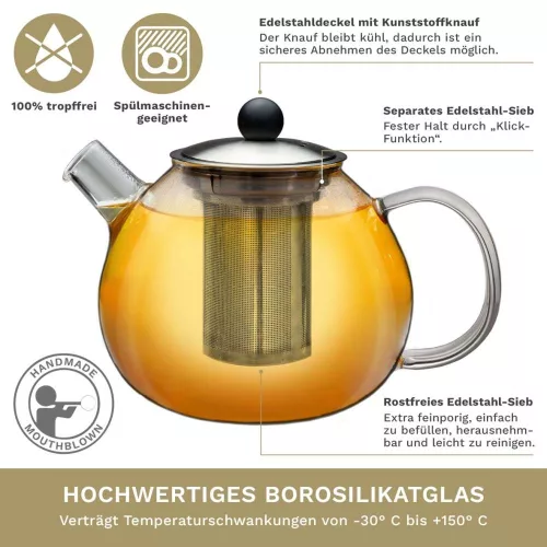 Ceainic din sticla Creano, 1 L, cu sita din inox si capac, pentru ceai vrac