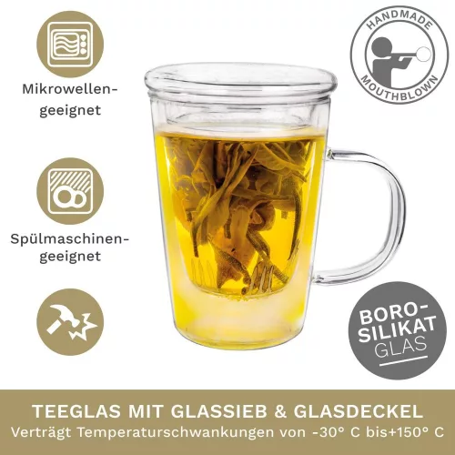 Cana pentru ceai Creano, 400 ml, sticla borosilicata, cu infuzor si capac din sticla