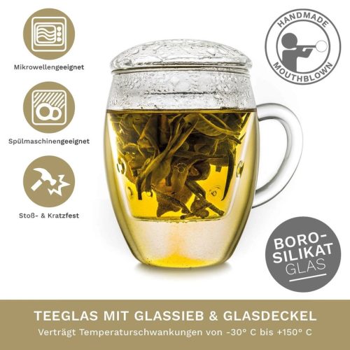 Pahar pentru ceai Creano All-In-One, 400 ml, filtru si capac din sticla, borosilicat