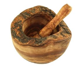   Mojar rustic din lemn de maslin cu pistil, diametru 12 cm, inaltime 9-11 cm