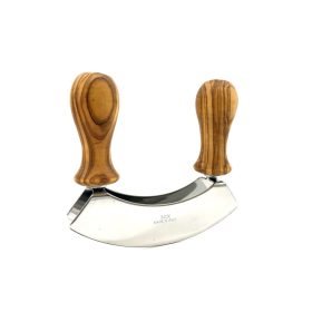   Cutit mezzaluna pentru tocat, manere din lemn de maslin, lama dubla din inox, latime 13 cm
