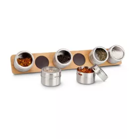   Suport magnetic condimente Rominox Gustus, bambus, recipiente inox, montare perete, 42 cm