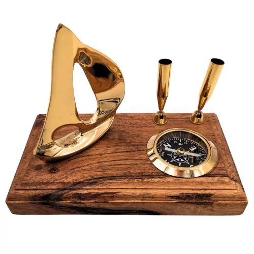 Busolă Giftdeco BCPH103, alamă și lemn, 14 x 17,5 x 9,5 cm, stil retro, nautic