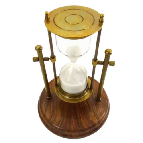 Clepsidră Giftdeco TMR-0200, alamă, sticlă și lemn, înălțime 20 cm, diametru 14,5 cm, stil vintage, colonial, clasic