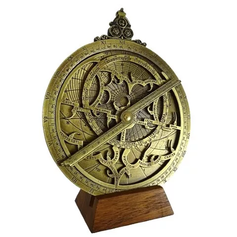 Astrolab decorativ Hemisferium H37, alamă și lemn, înălțime 18 cm, diametru 15 cm, stil modern, renaștere