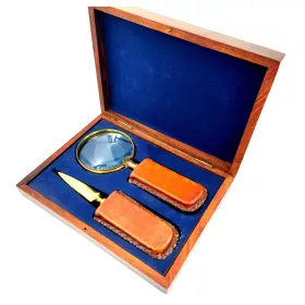   Lupă Giftdeco, alamă, sticlă și piele, lungime 18,5 cm, diametru 7,5 cm, stil colonial