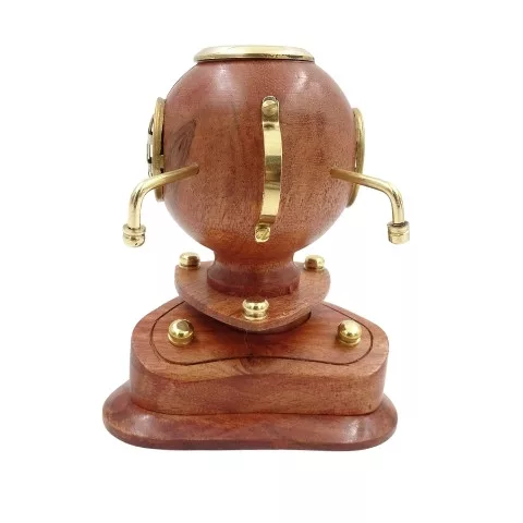 Cască de scafandru decorativa Giftdeco NC1220, alamă, sticlă și lemn, 10 x 9,5 x 11,5 cm, stil nautic