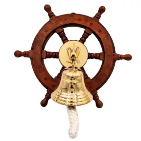   Timonă decorativa Giftdeco NC2356A, alamă și lemn, diametru 10 cm, stil nautic