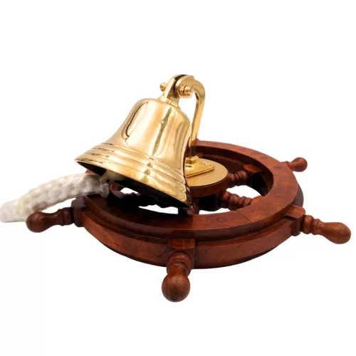 Timonă decorativa Giftdeco NC2356A, alamă și lemn, diametru 10 cm, stil nautic