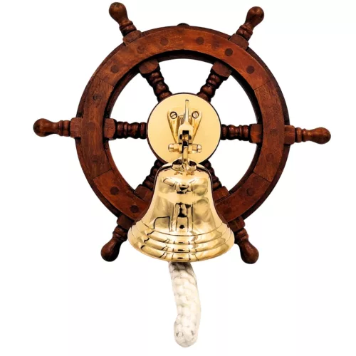 Timonă decorativa Giftdeco NC2356A, alamă și lemn, diametru 10 cm, stil nautic