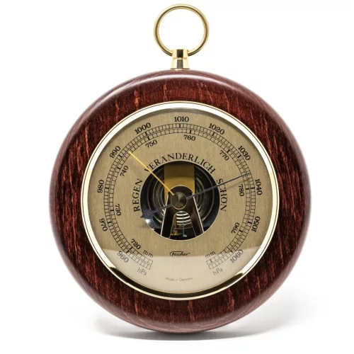 Barometru Fischer 13366R-22, alamă și lemn de fag mahon, diametru 14 cm
