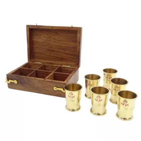   Set pahare shot Giftdeco, alamă, sticlă, cupru, metal și lemn, 16 cm x 10,5 cm x 5,5 cm, stil nautic