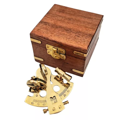 Sextant decorativ Giftdeco NC1506, alamă, sticlă și lemn, 7 x 7 x 4 cm, stil nautic