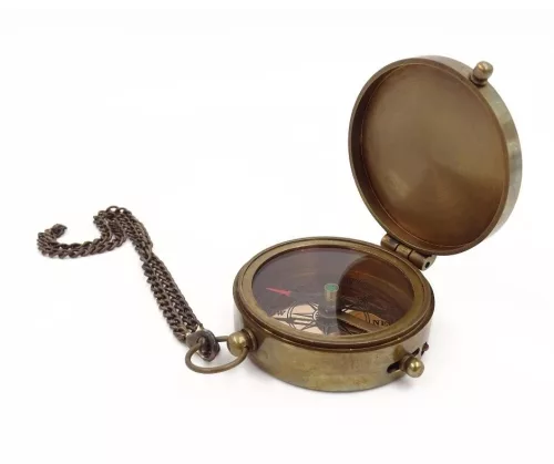 Busolă Giftdeco C-64, alamă și piele, diametru 5 cm