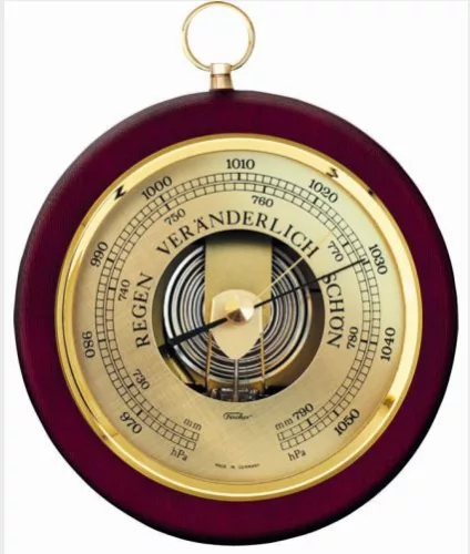 Barometru rotund Fischer 1436R-12, alamă, inox și lemn nuc, diametru 17 cm