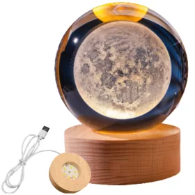   Lampă decorativă Giftdeco KKS Moon, glob din sticlă pe suport din lemn, LED USB, diametru 8 cm