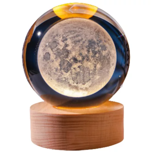 Lampă decorativă Giftdeco KKS Moon, glob din sticlă pe suport din lemn, LED USB, diametru 8 cm