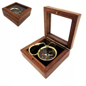   Busolă Giftdeco KR30, alamă, sticlă și lemn, diametru 3,5 cm, stil nautic, clasic