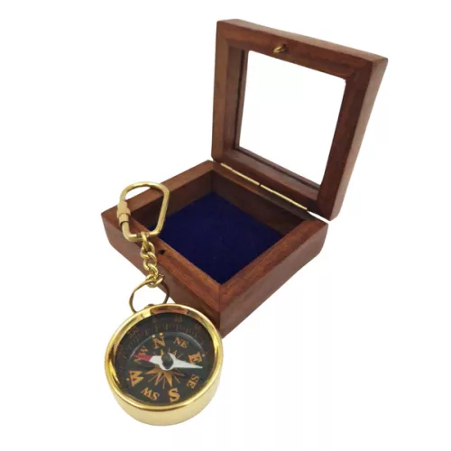 Busolă Giftdeco KR30, alamă, sticlă și lemn, diametru 3,5 cm, stil nautic, clasic