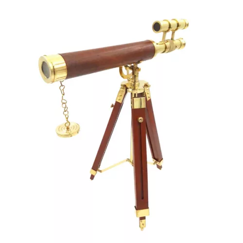 Lunetă Giftdeco, alamă, metal și lemn, înălțime 57 cm, stil retro, vintage, nautic