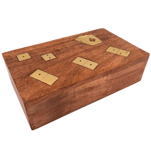 Set 3 jocuri tradiționale Giftdeco DNU-011, cărți, zaruri și domino, cutie din lemn de acacia