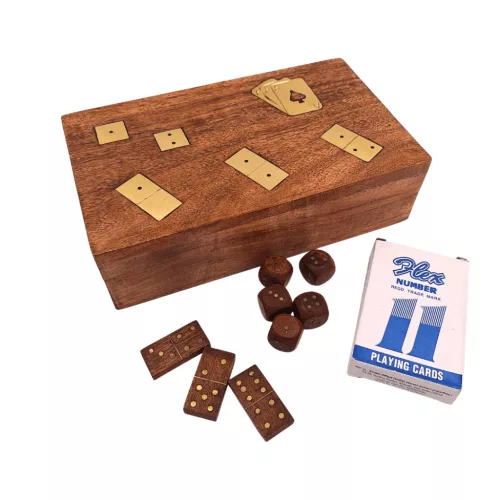 Set 3 jocuri tradiționale Giftdeco DNU-011, cărți, zaruri și domino, cutie din lemn de acacia