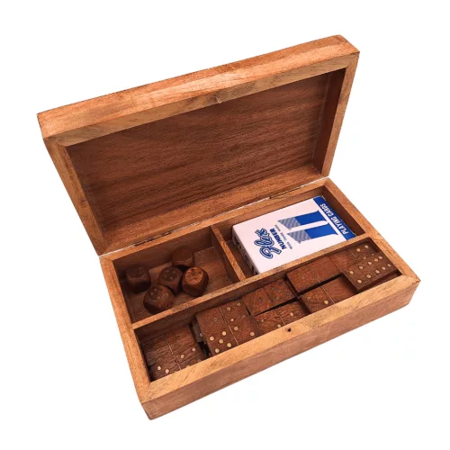 Set 3 jocuri tradiționale Giftdeco DNU-011, cărți, zaruri și domino, cutie din lemn de acacia