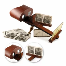   Stereoscop retro Hemisferium H60, aluminiu, piele, plastic, lemn și MDF, înălțime 12 cm, lățime 15 cm