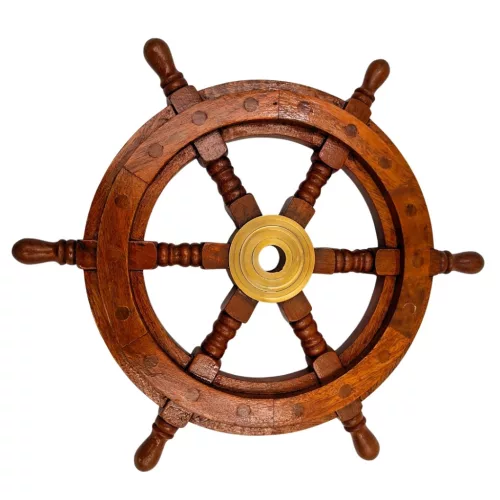 Timonă decorativa Giftdeco SW10/12, alamă și lemn, diametru 30 cm, stil retro, nautic