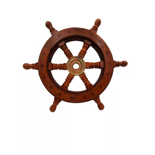 Timonă decorativa Giftdeco SW10/12, alamă și lemn, diametru 30 cm, stil retro, nautic