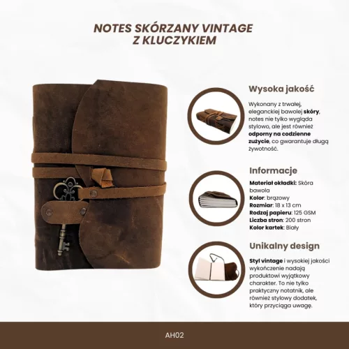 Jurnal din piele naturala Giftdeco AH02, 200 pagini, curea si cheita, 18 x 13 cm