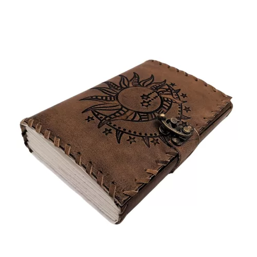 Jurnal Giftdeco AH05, piele de capra si metal, soare si luna, 200 pagini, 18 x 13 cm, stil vintage
