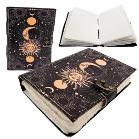   Jurnal Giftdeco AH07, piele de capra, soare si luna, granat si bej, 200 pagini, 18 x 13 cm