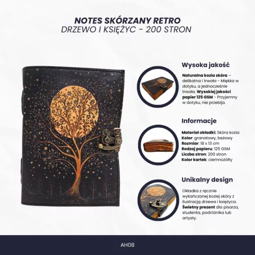 Jurnal Giftdeco AH08, piele de capra, copac si luna, granat si bej, 200 pagini, 18 x 13 cm
