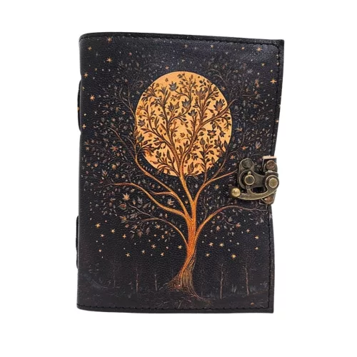 Jurnal Giftdeco AH08, piele de capra, copac si luna, granat si bej, 200 pagini, 18 x 13 cm