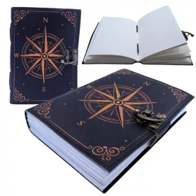   Jurnal Giftdeco AH09, piele de capra neagra, trandafirul vanturilor auriu, 200 pagini, 18 x 13 cm