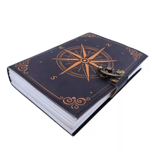 Jurnal Giftdeco AH09, piele de capra neagra, trandafirul vanturilor auriu, 200 pagini, 18 x 13 cm