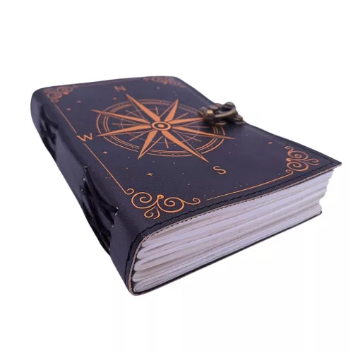 Jurnal Giftdeco AH09, piele de capra neagra, trandafirul vanturilor auriu, 200 pagini, 18 x 13 cm