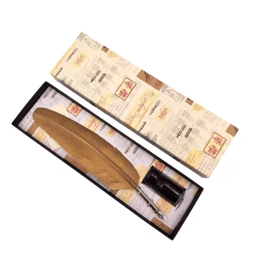 Set de caligrafie Giftdeco 7262 cu pana de gasca aurie, penita, cerneala si cutie cadou, 26,5 x 8 x 3 cm