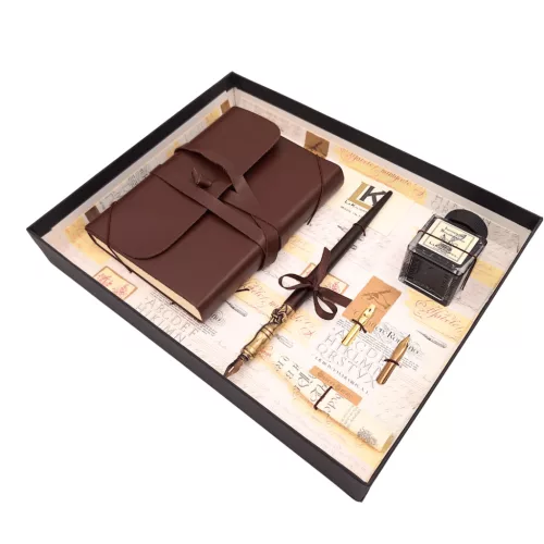 Set de caligrafie La Kaligrafica, piele, oțel, metal și lemn, 15 x 11 x 2 cm, stil clasic