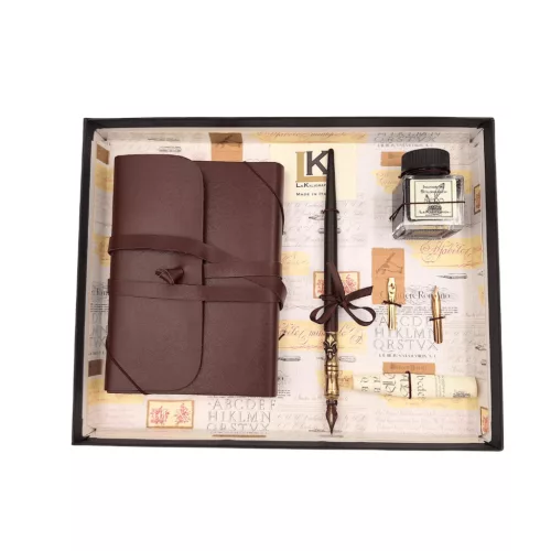 Set de caligrafie La Kaligrafica, piele, oțel, metal și lemn, 15 x 11 x 2 cm, stil clasic